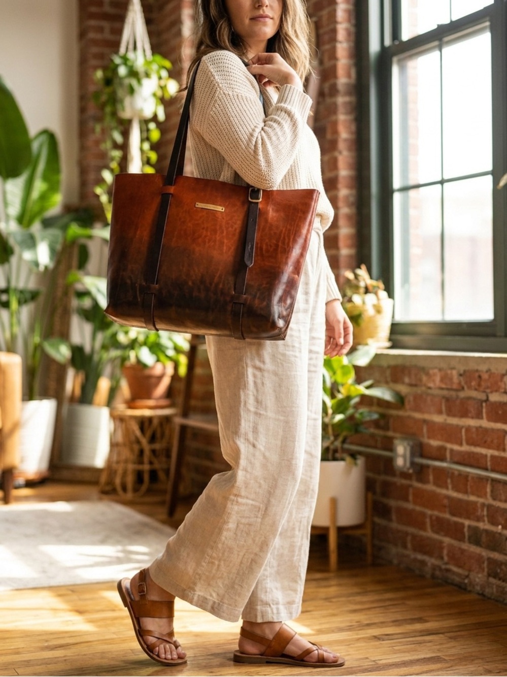 Show Stopper Leather Tote Bag in Chestnut Brown